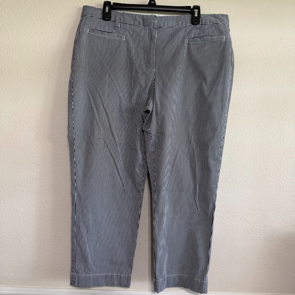 Lands' End Pants Women's 16 Blue White Striped Cotton Slim Straight Leg Casual